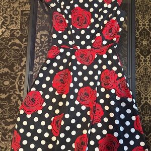 Elegant Red Floral Polka Dot Midi Dress